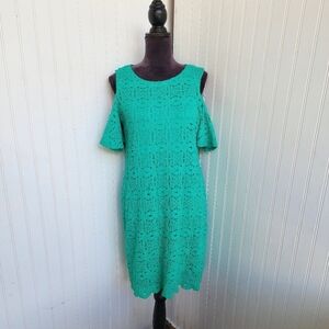 RN Studio by Ronni Nicole Dress Spring Green Cold Shoulders Stretch Lace Sz 10